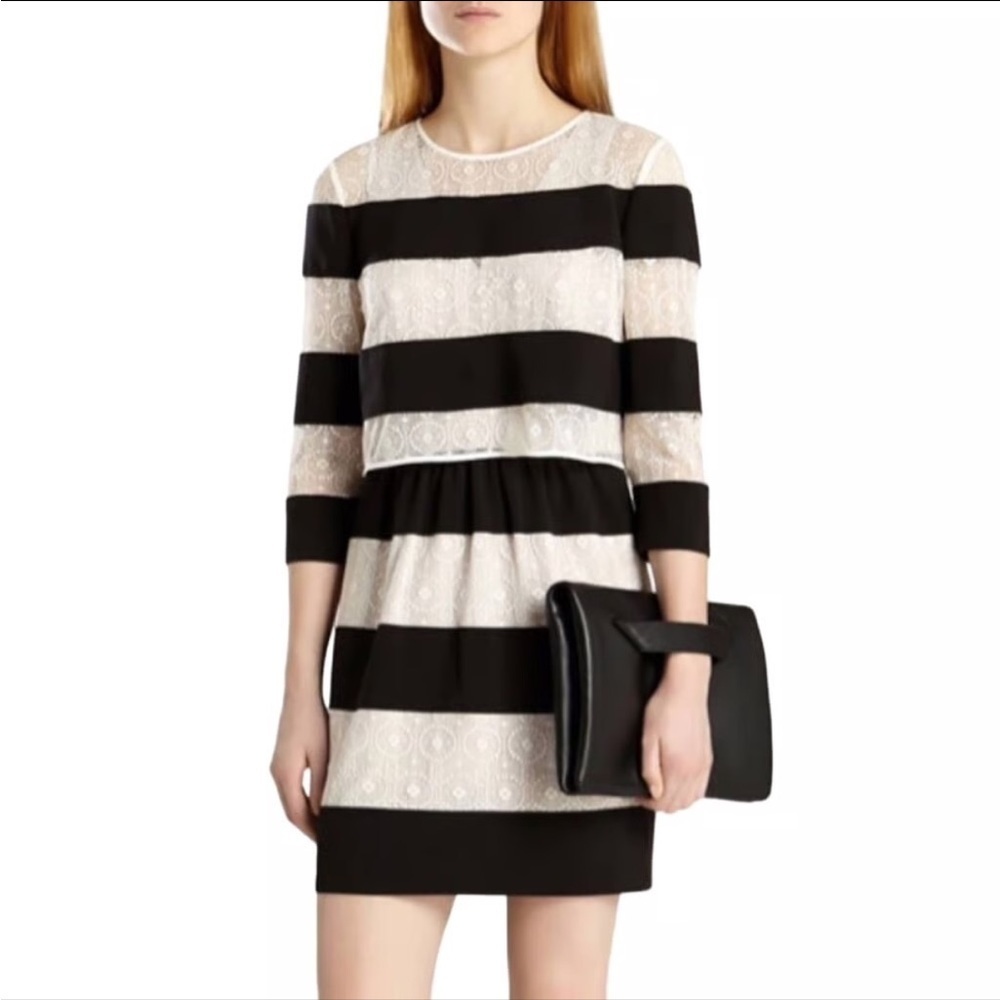 Karen Millen Black Ivory Layered Lace Stripe Cocktail Mini Dress US 6